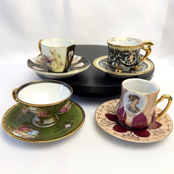 Japanese Vintage Set of 4 Hand Painted Demitasse Porcelain Teacups Saucers #6912 - Picture 8 of 15